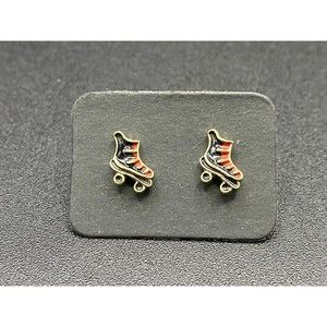 Gold Tone and Red and Black Enamel Roller Skates Stud Earrings